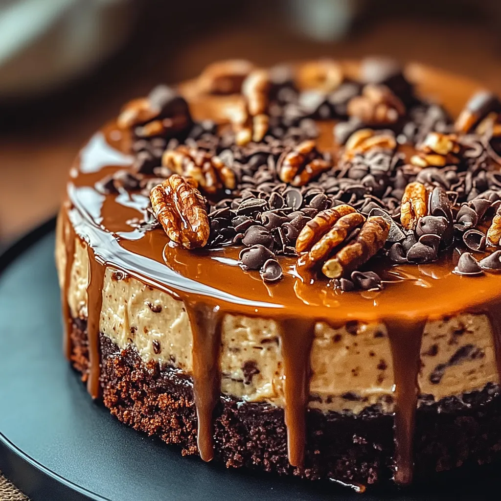 A slice of cake with chocolate and caramel drizzle.