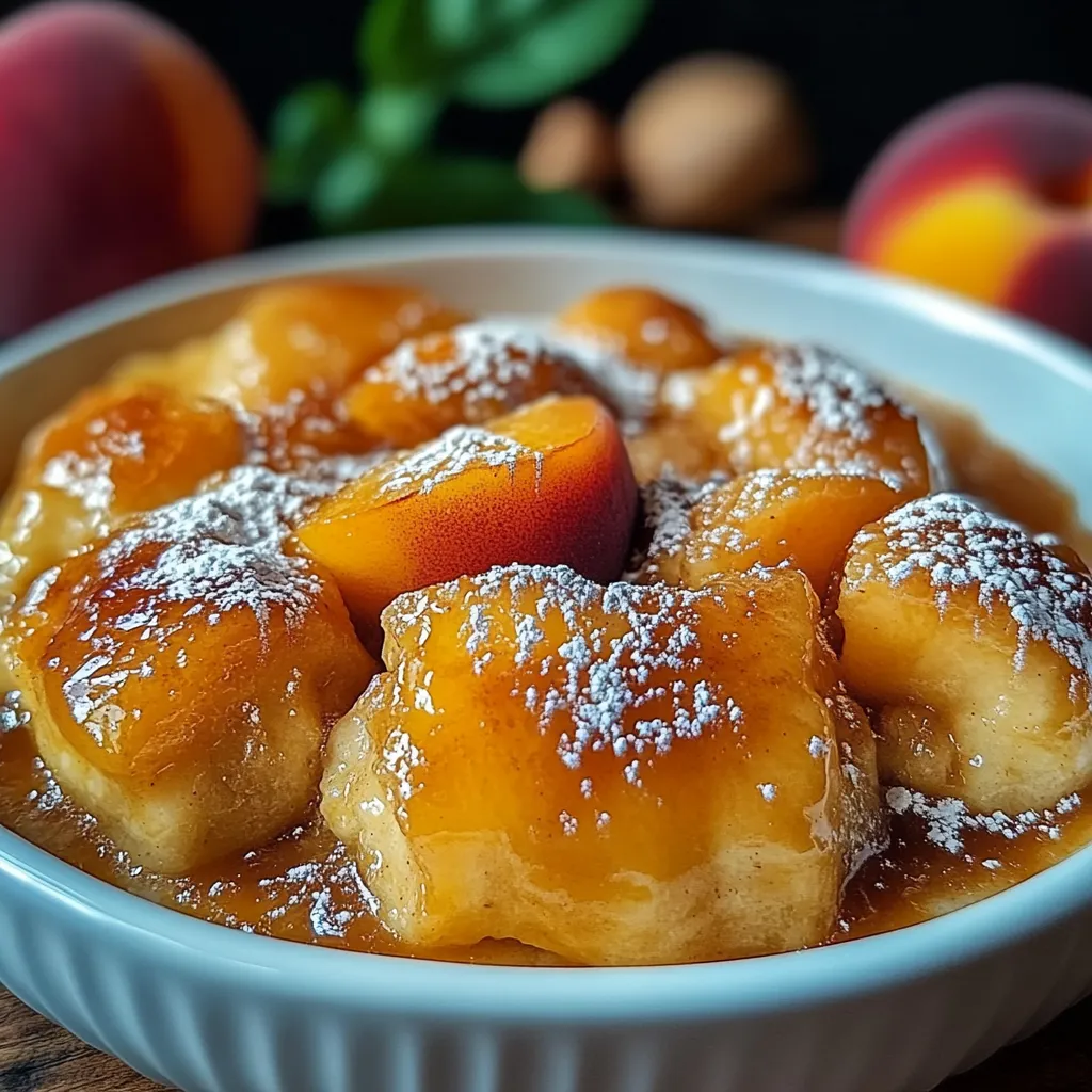 A bowl of peaches with powdered sugar on top.
