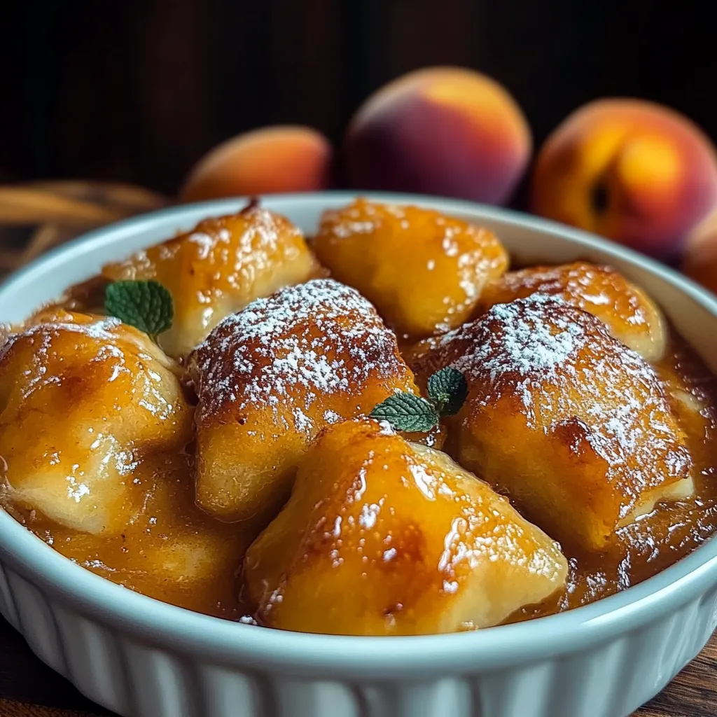 A bowl of food with peaches and a powdered sugar topping.