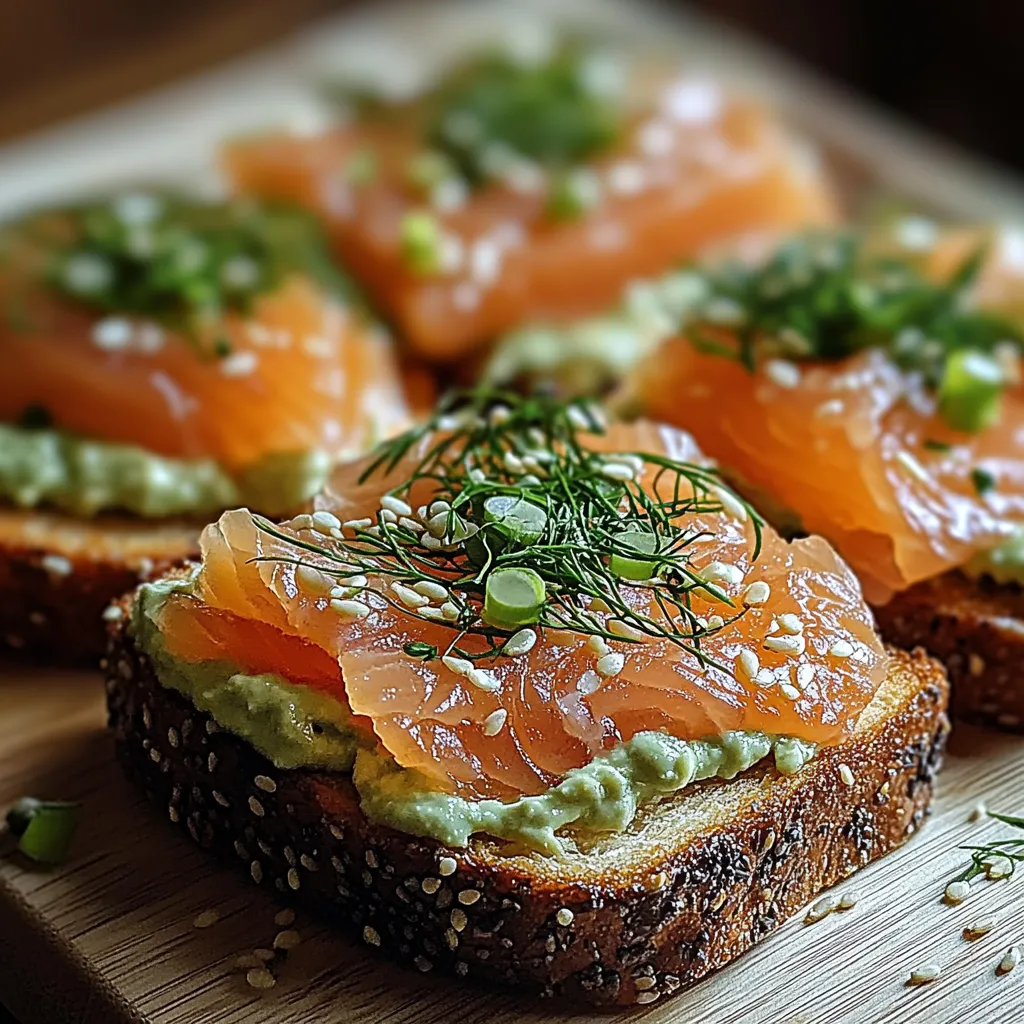 A slice of toast with salmon and avocado on top.