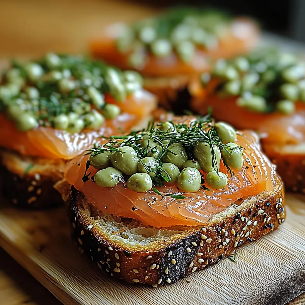 A slice of toast with fish and green beans on top.