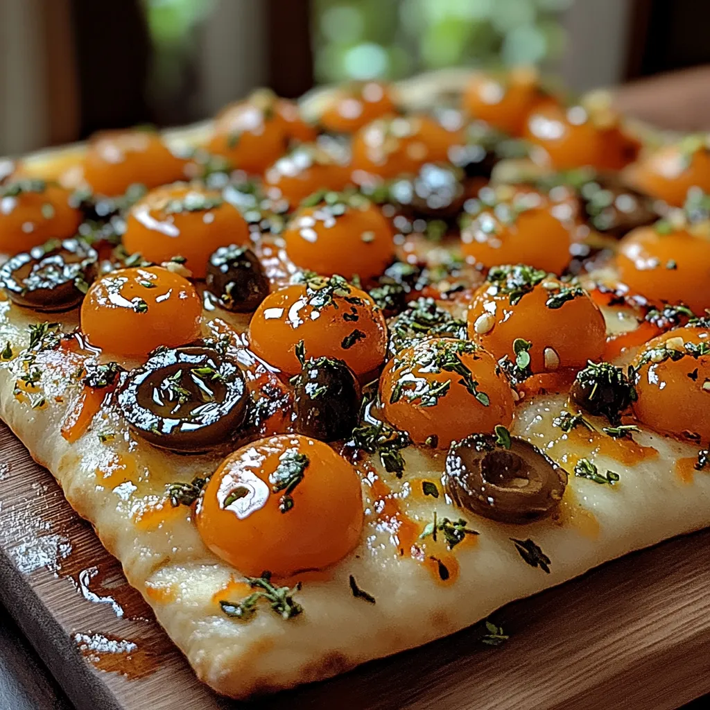 A pizza with tomatoes and olives on top.