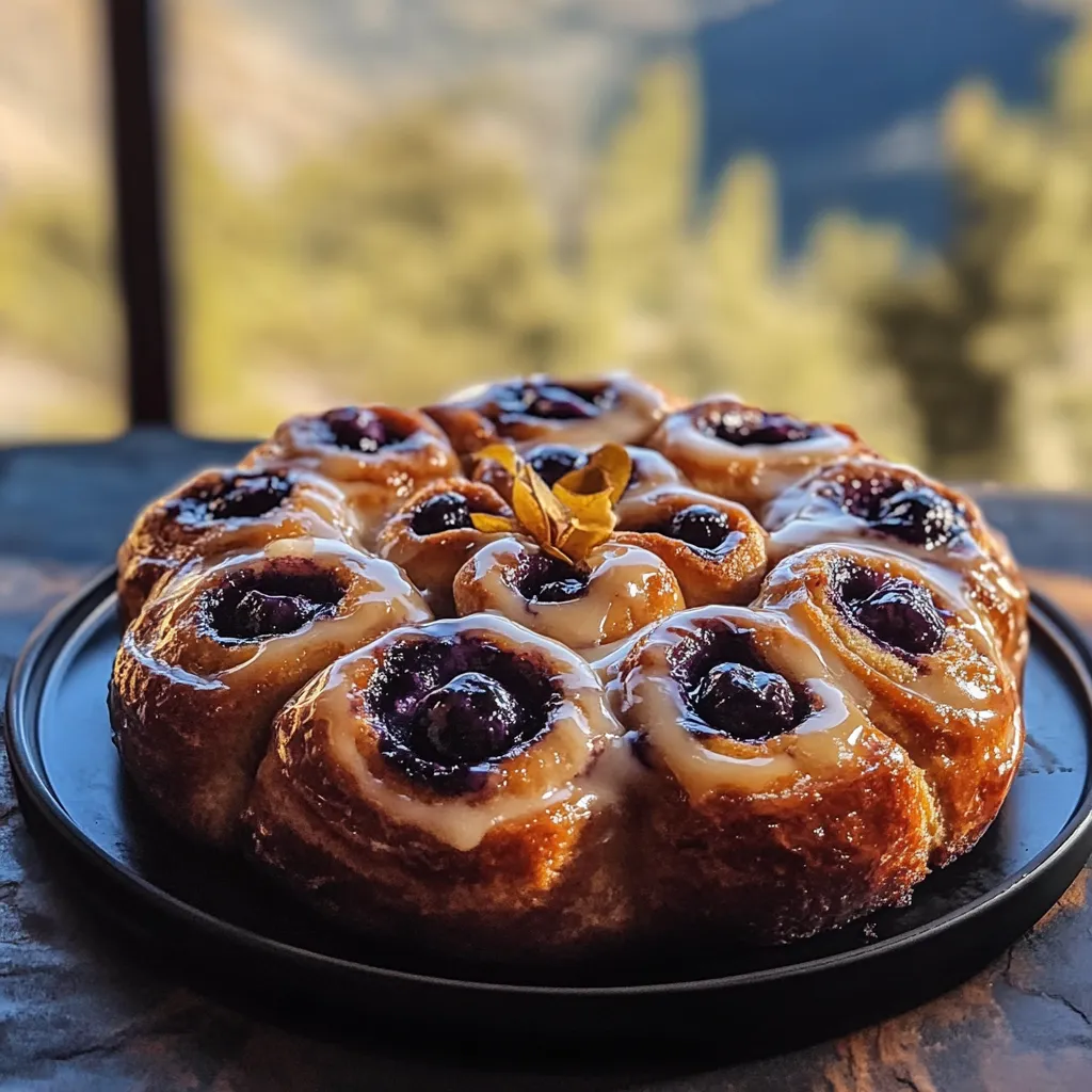 A plate of pastries with blueberries and a flower on top.