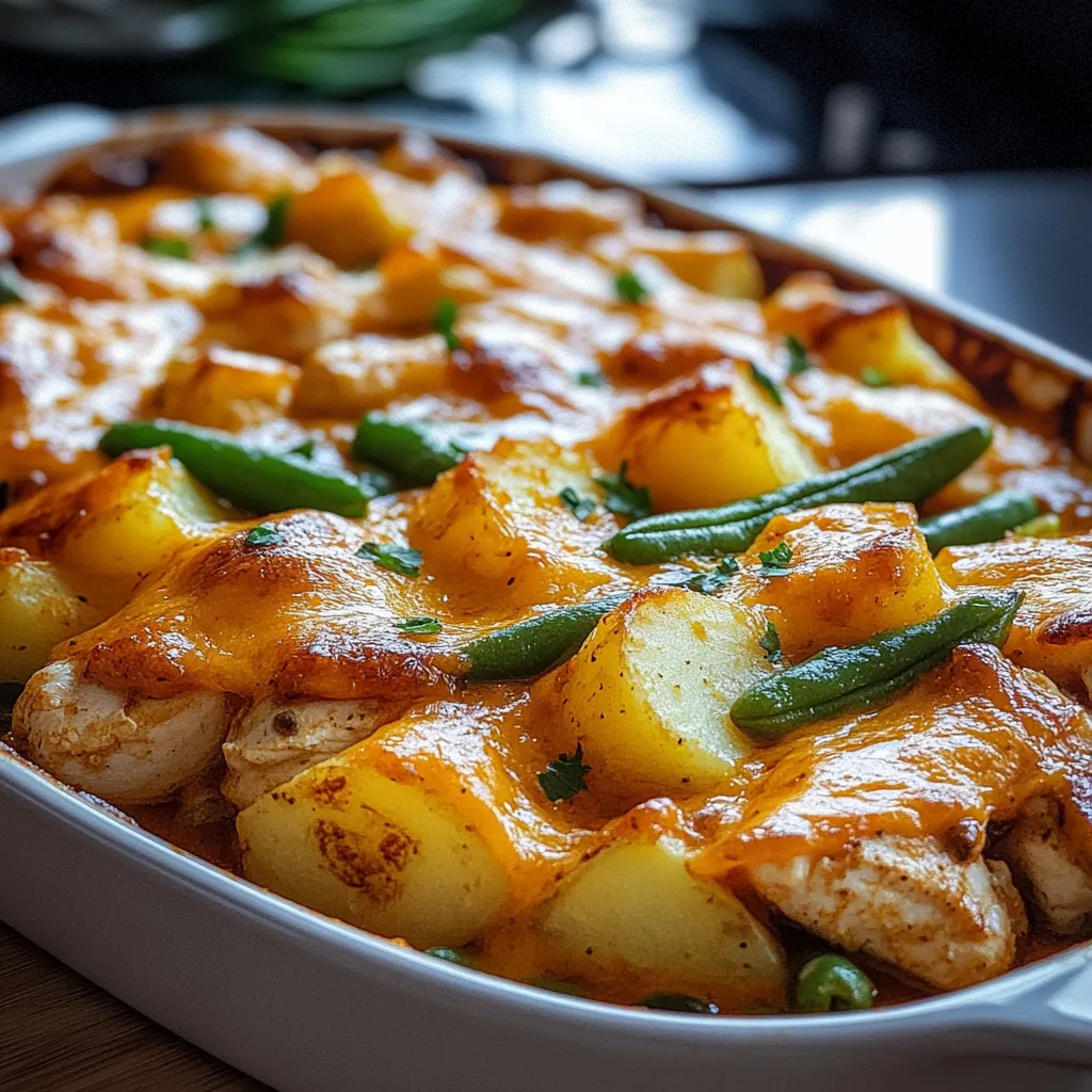 A dish of food with potatoes and green beans.