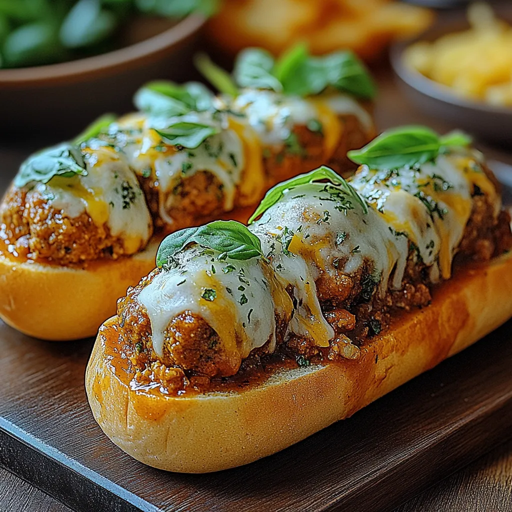 Two meatball sandwiches with cheese and spinach.