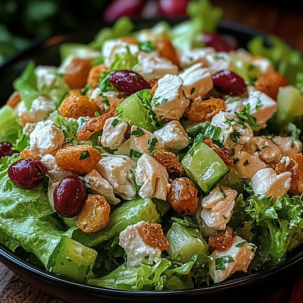 A salad with chicken, cranberries, and walnuts.