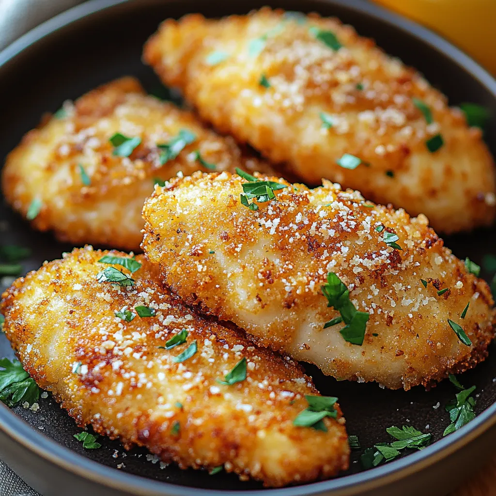 A plate of breaded chicken with herbs on top.