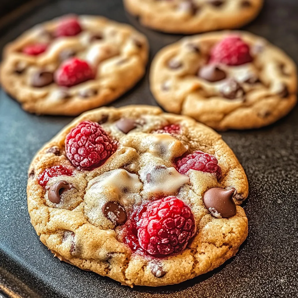 A chocolate chip cookie with a raspberry on top.