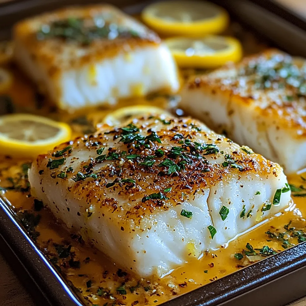 A pan of fish with lemon slices on top.