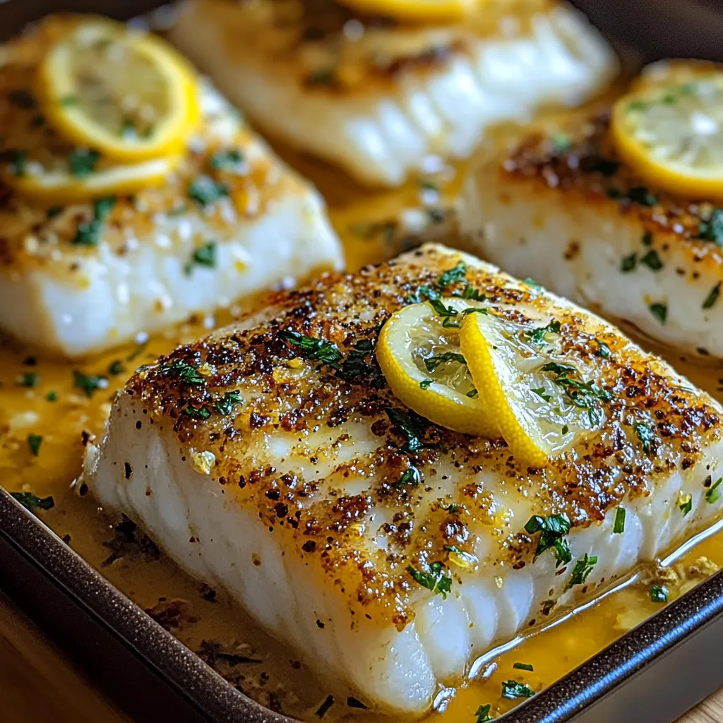 A pan of fish with lemon slices on top.