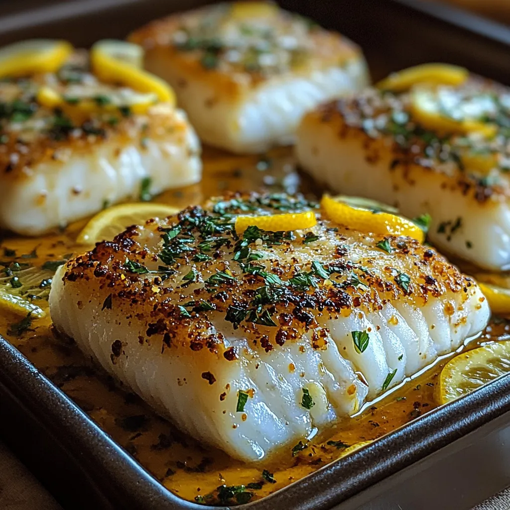 A pan of fish with lemon and herbs.