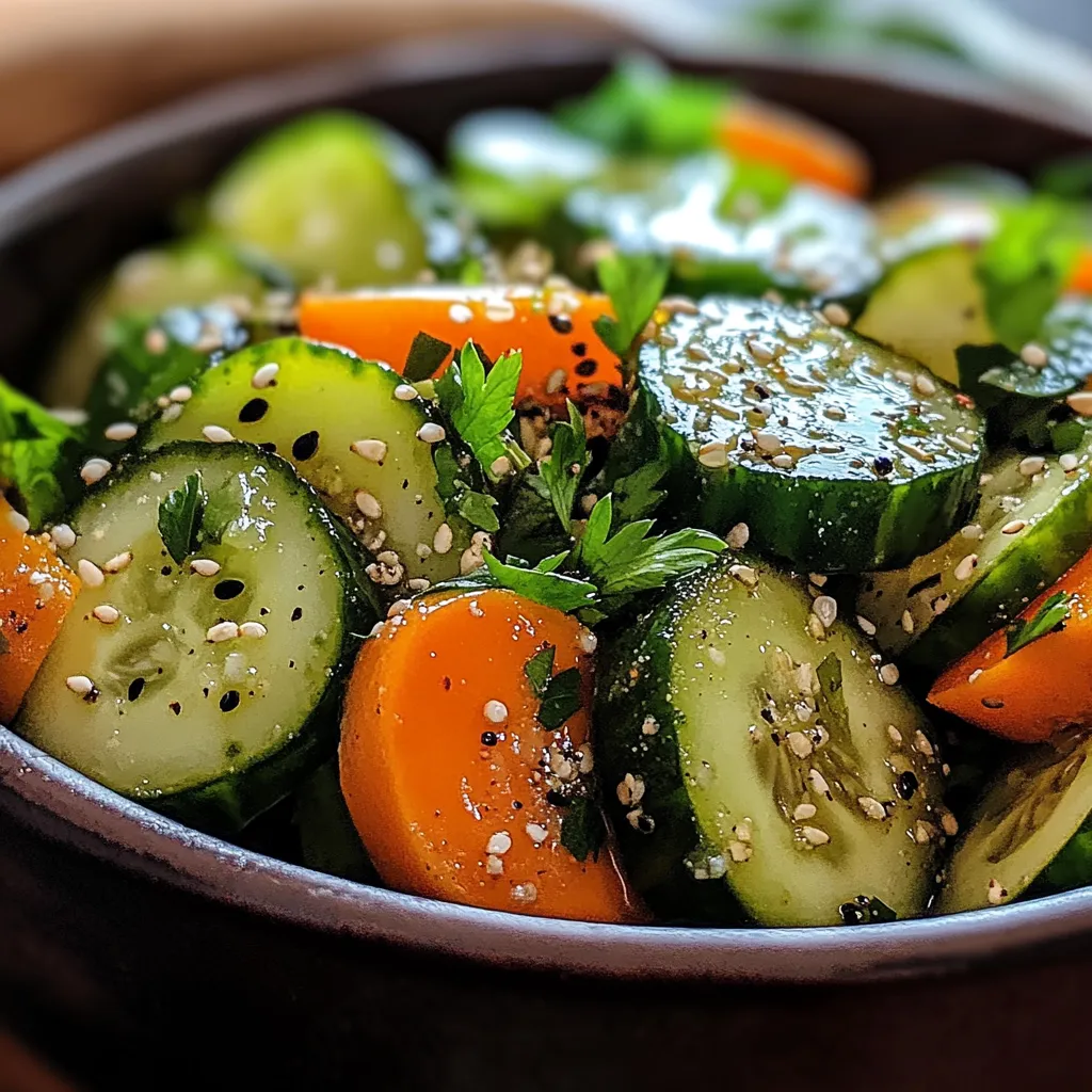 A bowl of vegetables with cucumbers, carrots, and parsley.