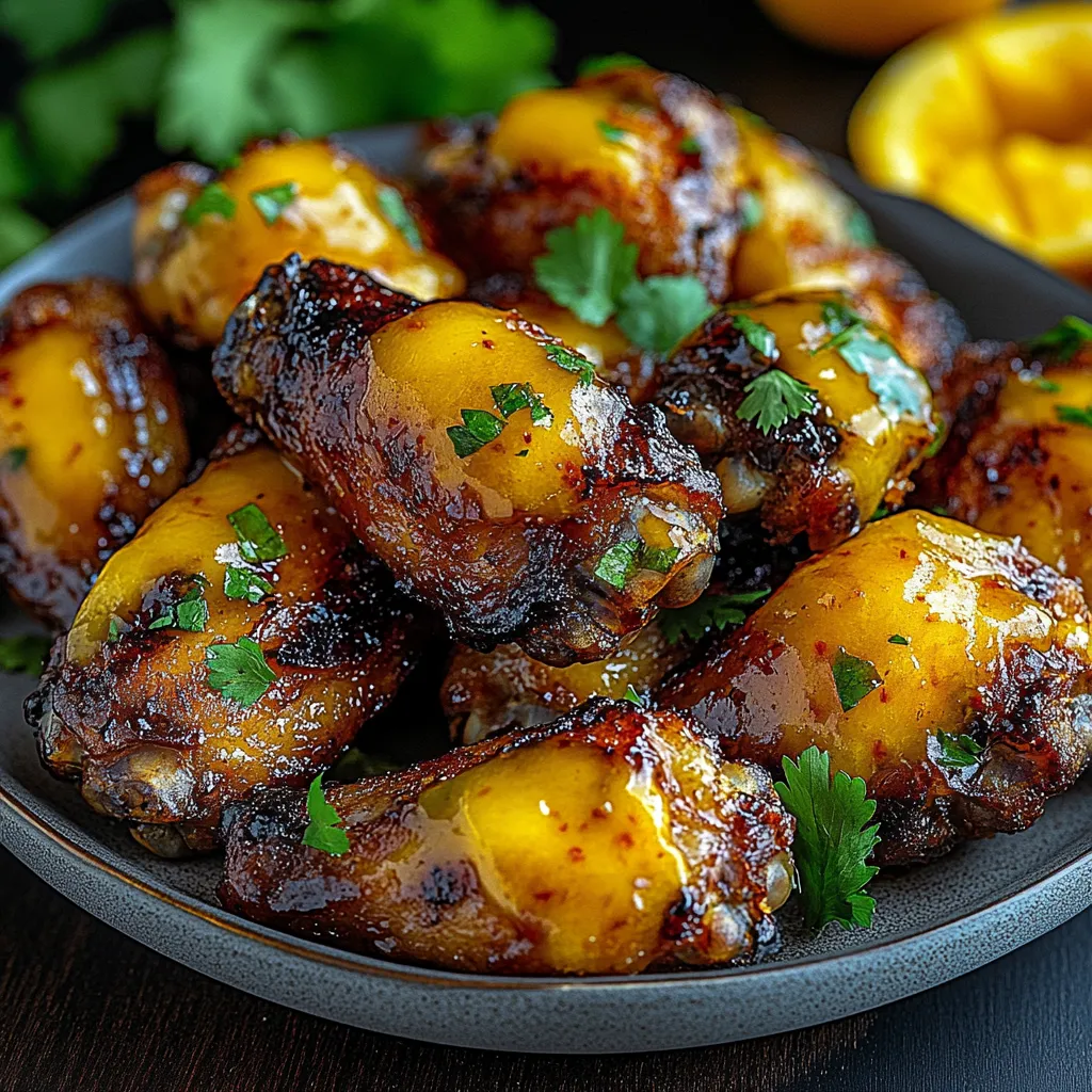 A plate of chicken wings with green herbs on top.