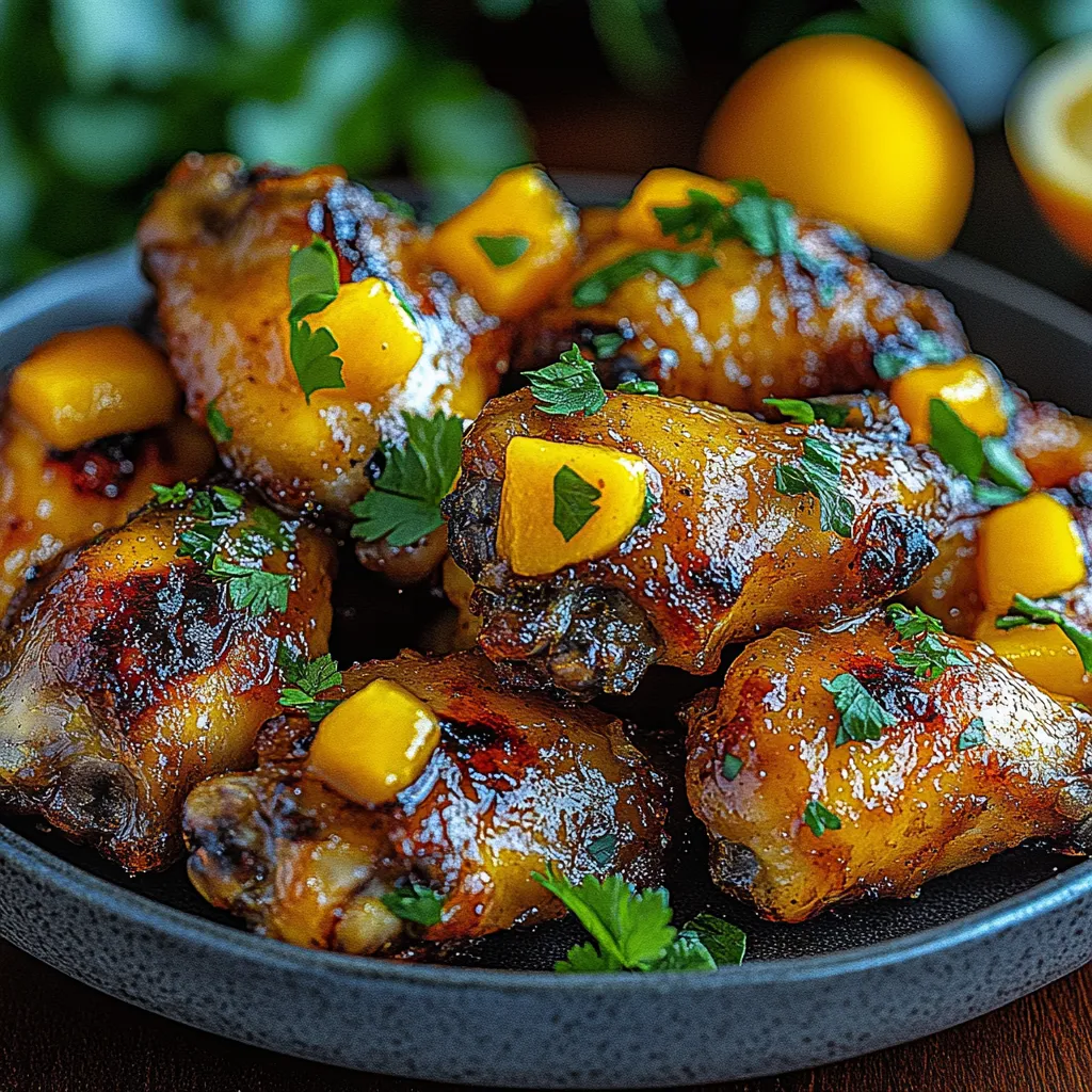 A plate of chicken wings with a lemon wedge.