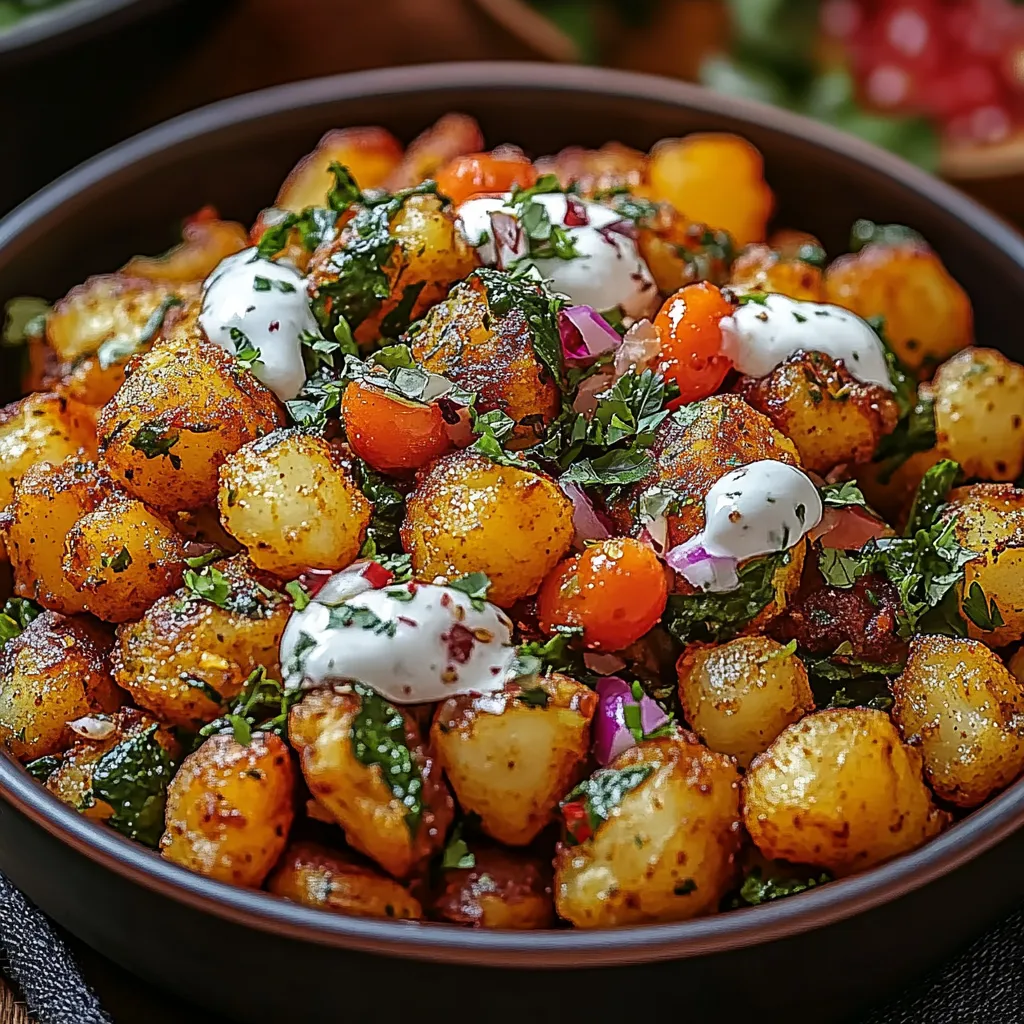 A bowl of food with a white sauce on top.