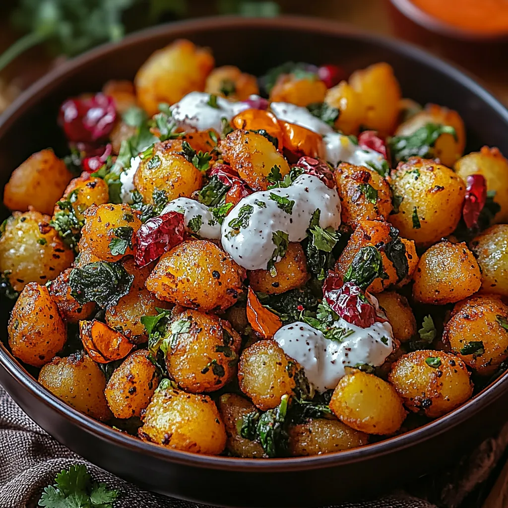 A bowl of food with a white sauce on top.