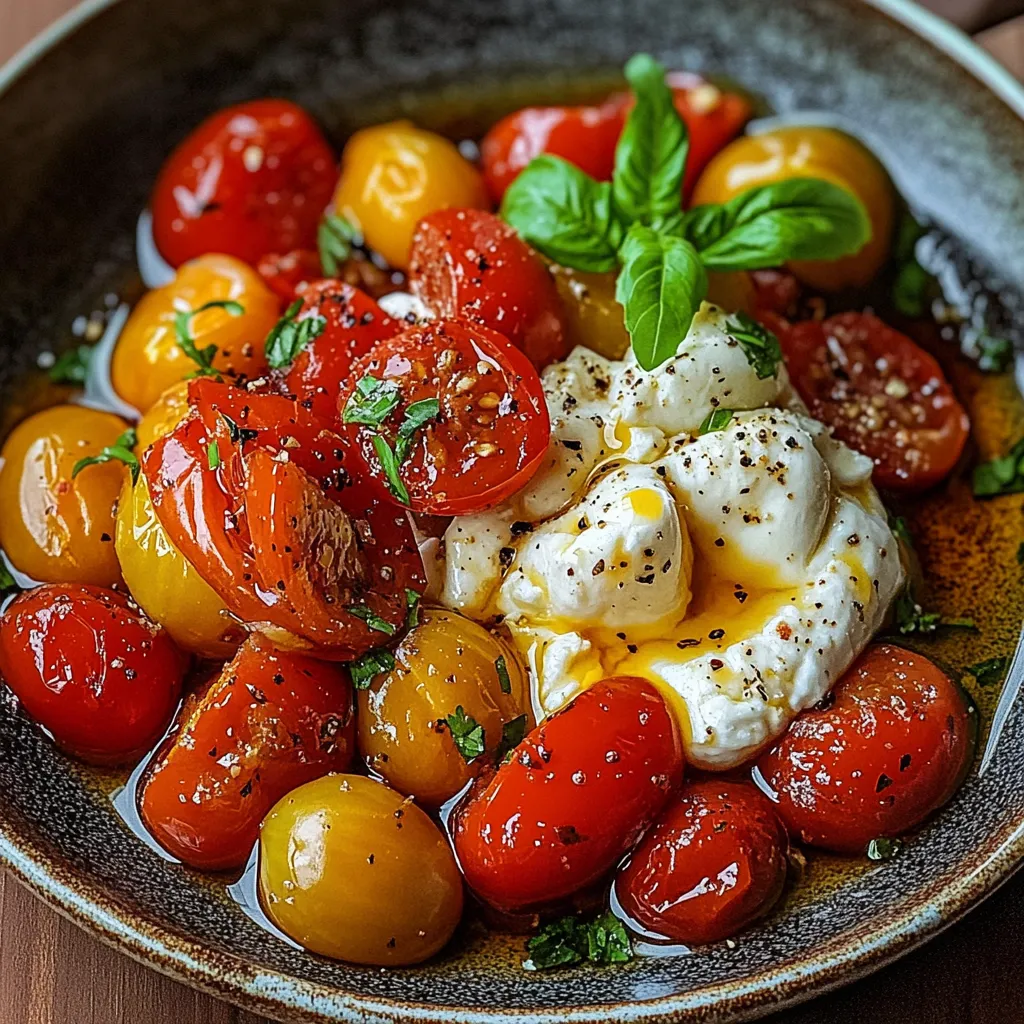 A bowl of food with tomatoes and cheese.
