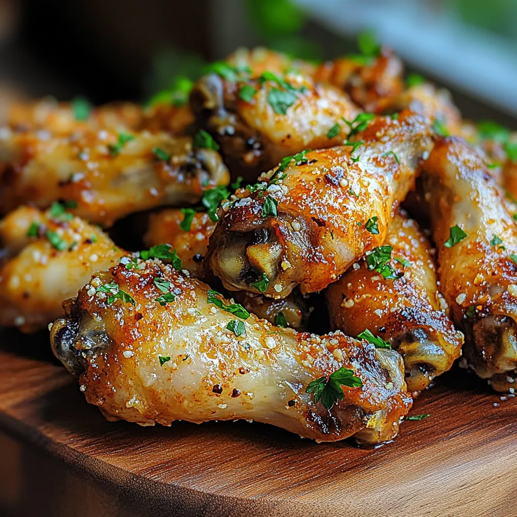 A plate of chicken wings with herbs on top.