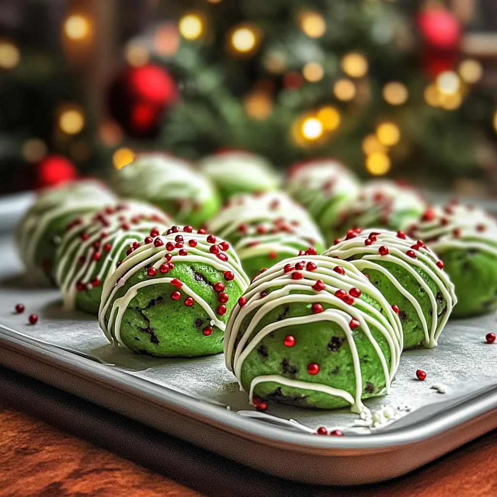 A tray of green and white cookies with red sprinkles.