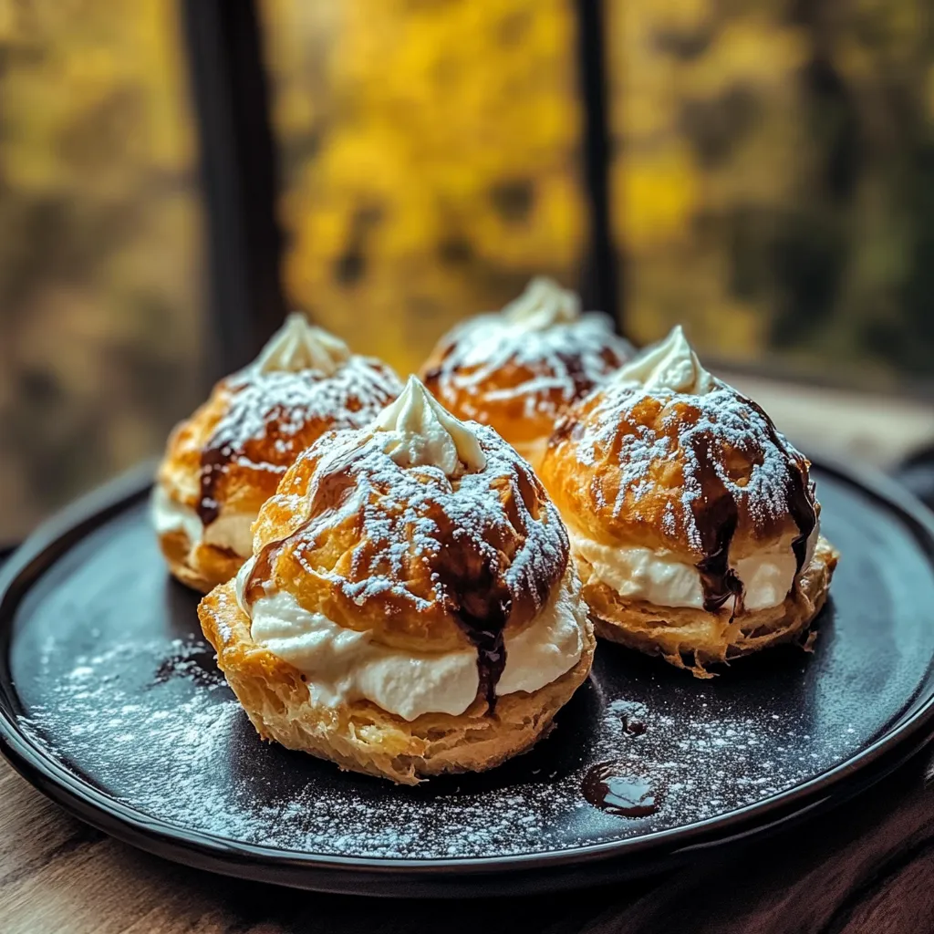 Three pastries with powdered sugar and chocolate drizzle.