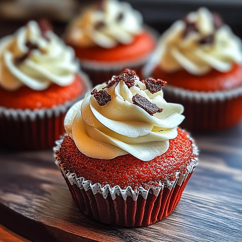 Red cupcake with white frosting.