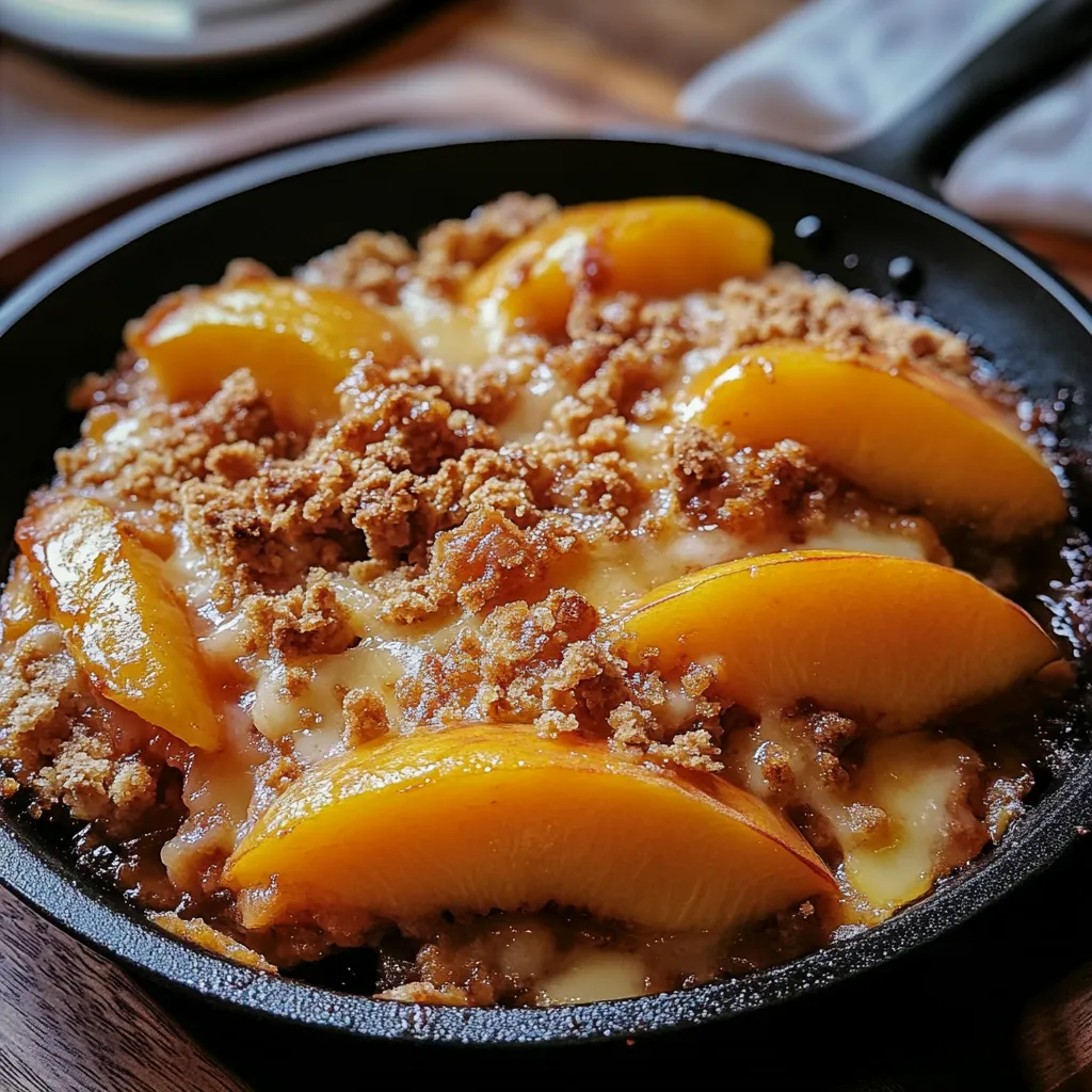 A black skillet with a peach dessert.