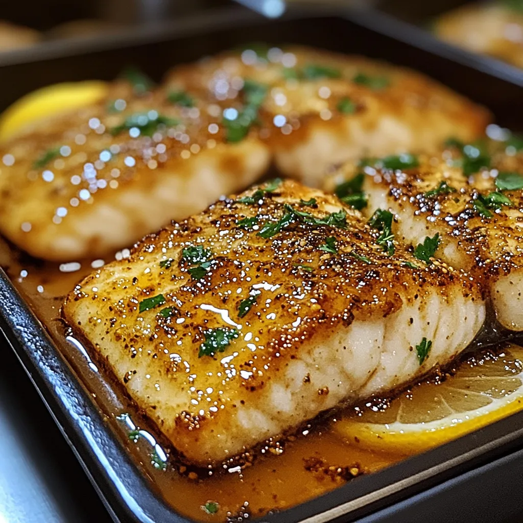 Fish in a pan with lemon and herbs.