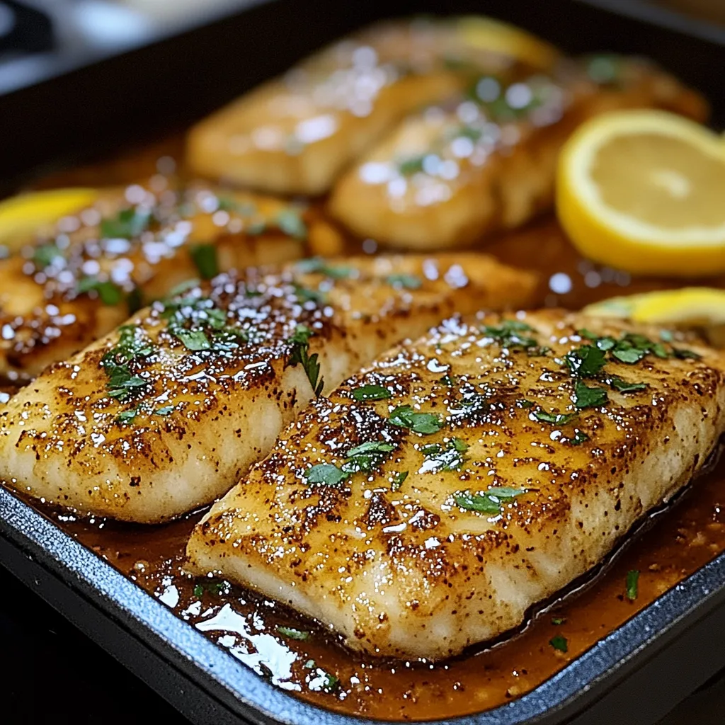 A pan of fish with lemon slices on top.