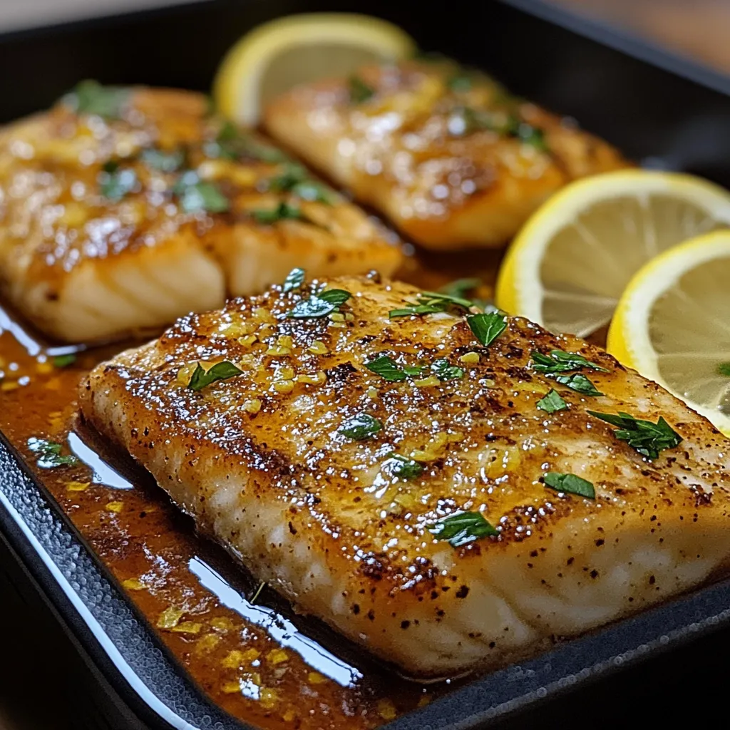 A pan of fish with lemon wedges on top.