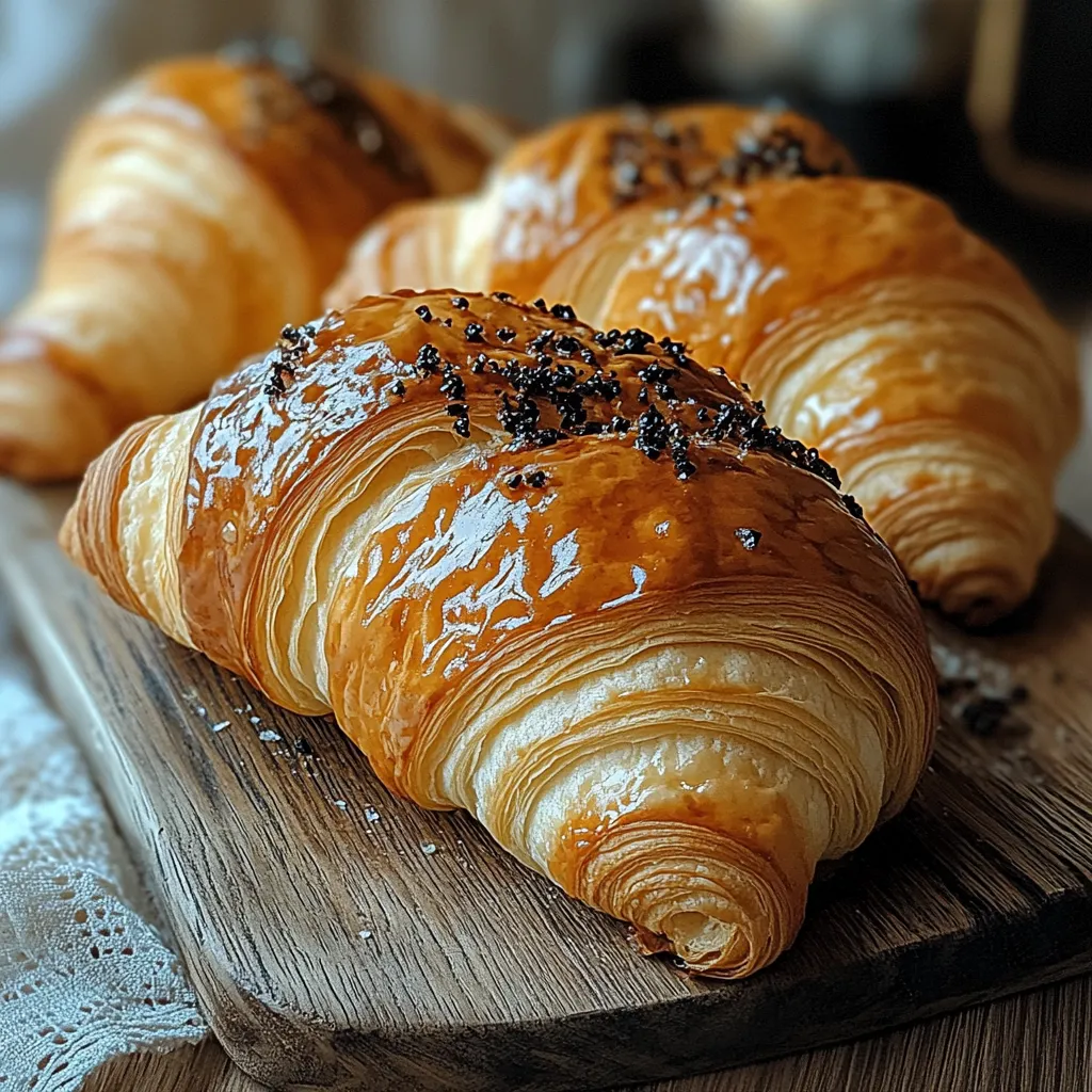 Two croissants on a wooden board.