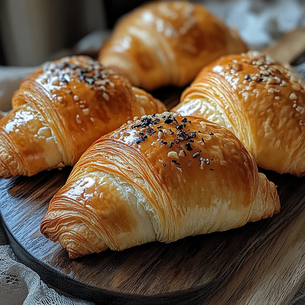 Three croissants on a wooden board.