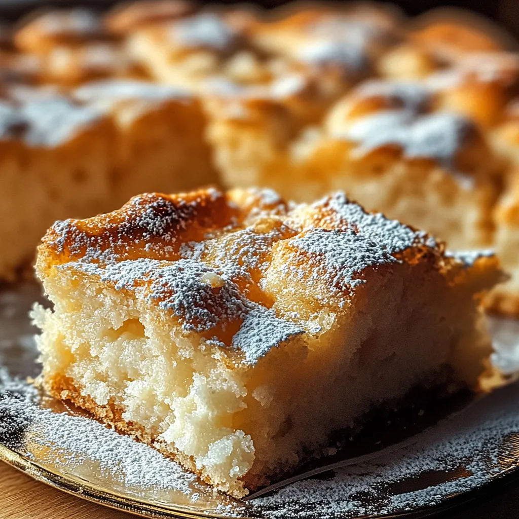 A slice of cake with powdered sugar on a plate.