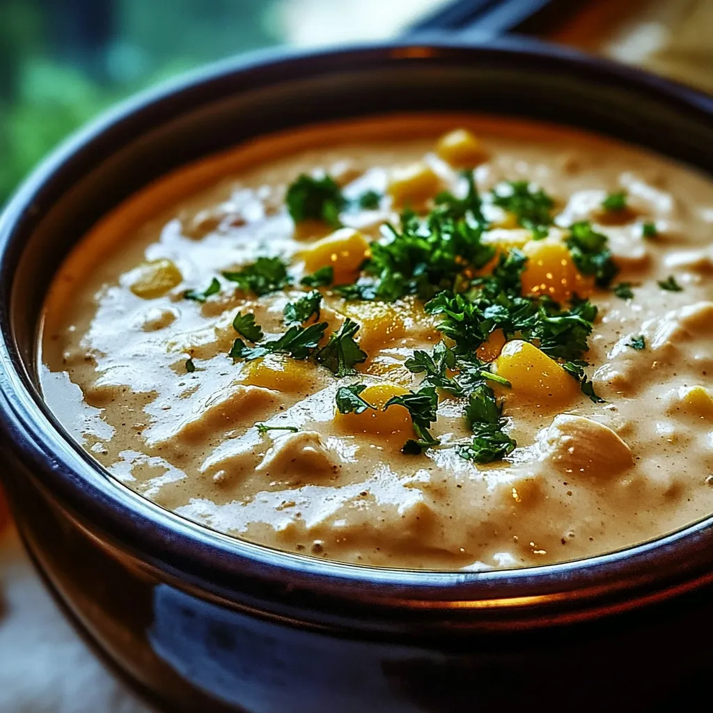 A bowl of soup with a green herb on top.