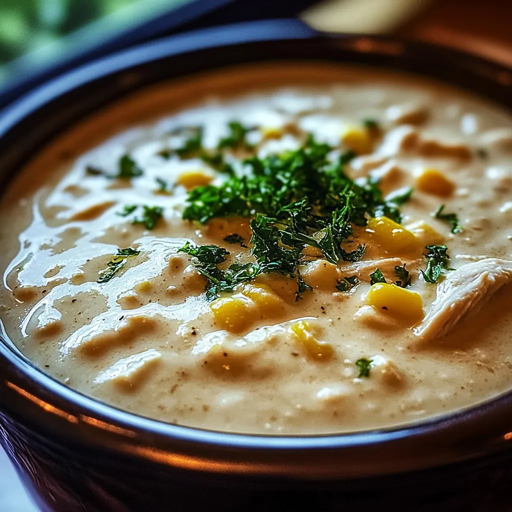 A bowl of soup with a green herb on top.