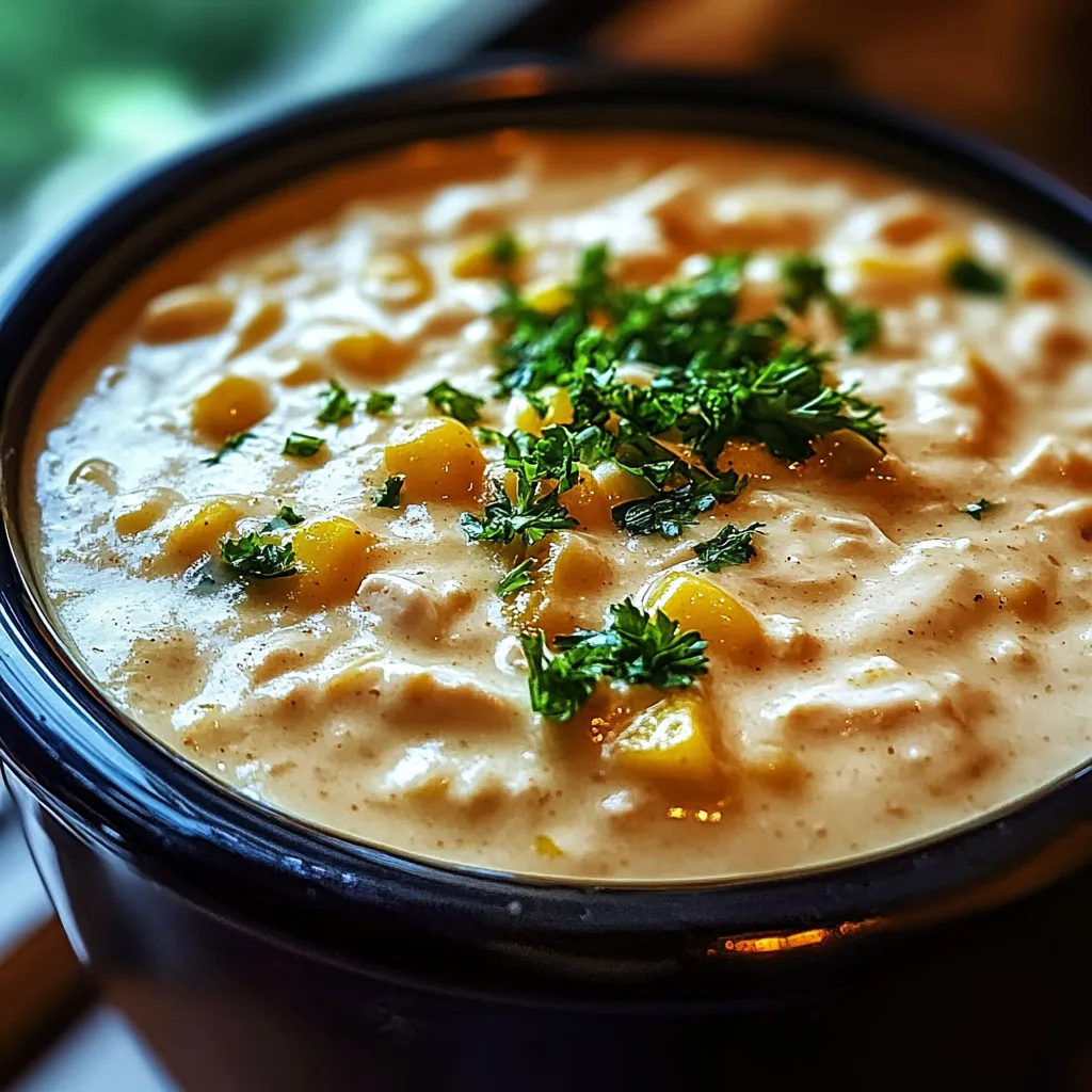 A bowl of soup with corn and herbs.