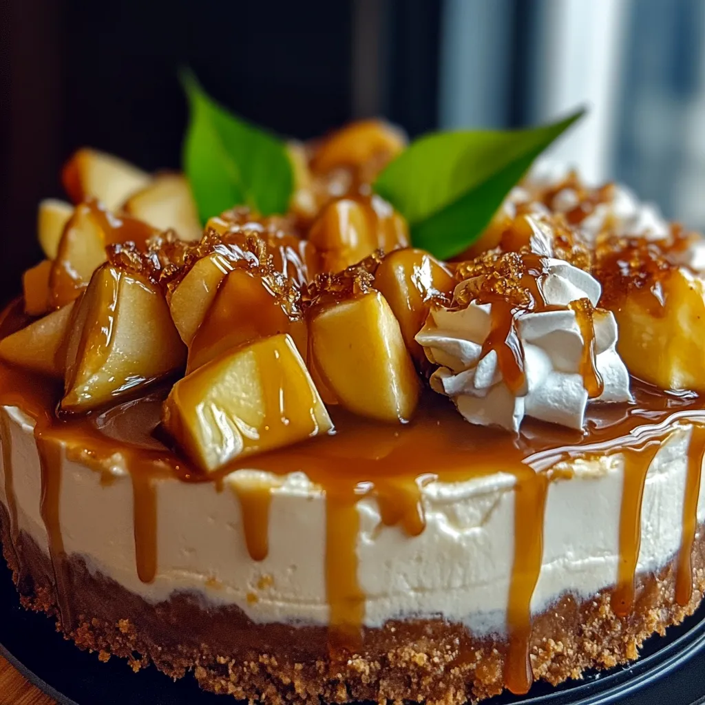 A slice of cheesecake with caramel sauce.