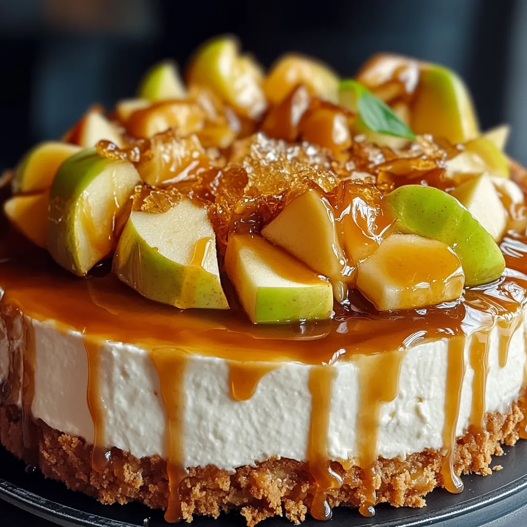 A slice of cake with apples and caramel.