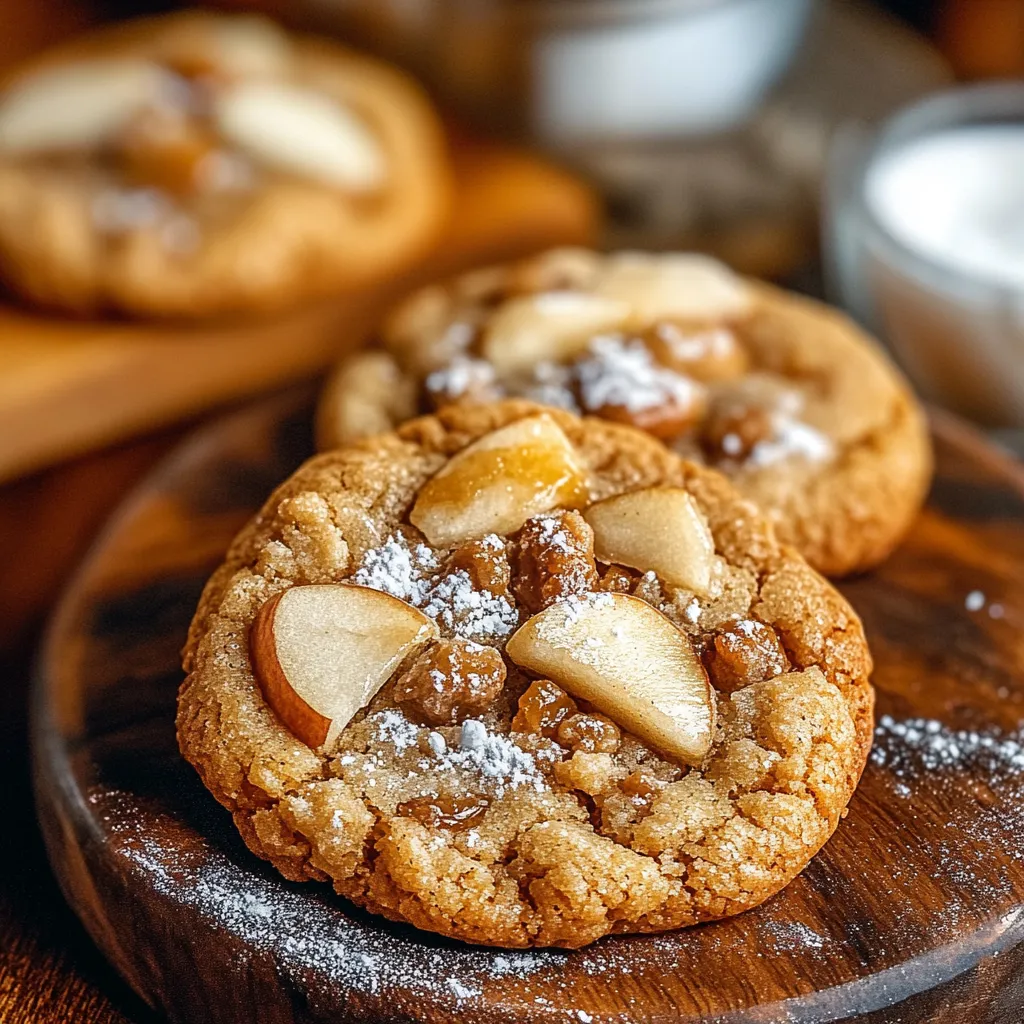 A plate of cookies with apples on top.