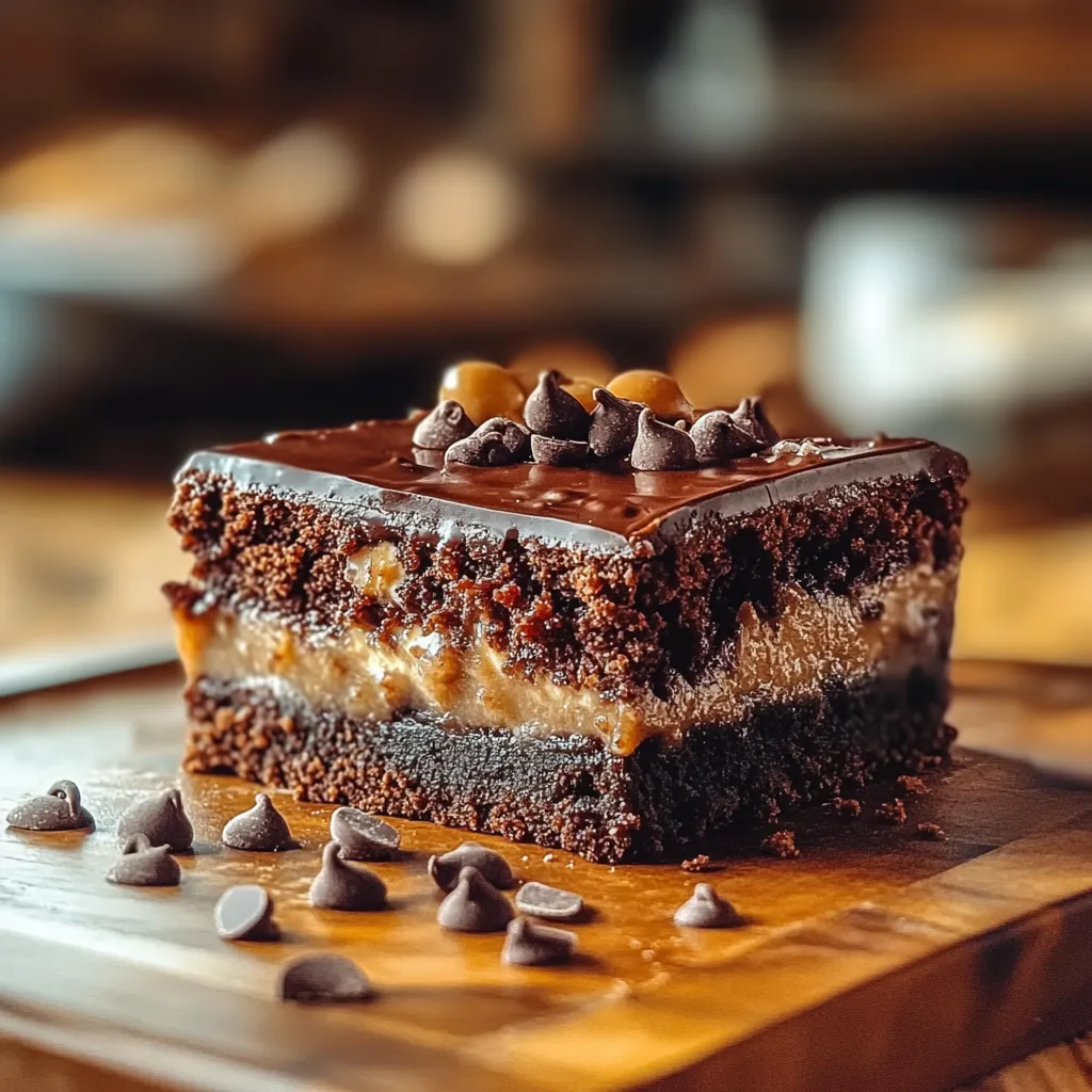 A slice of chocolate cake with chocolate chips on top.