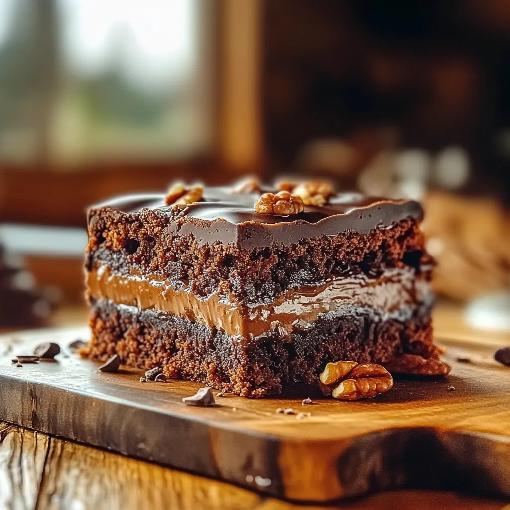 A slice of chocolate cake with walnuts.