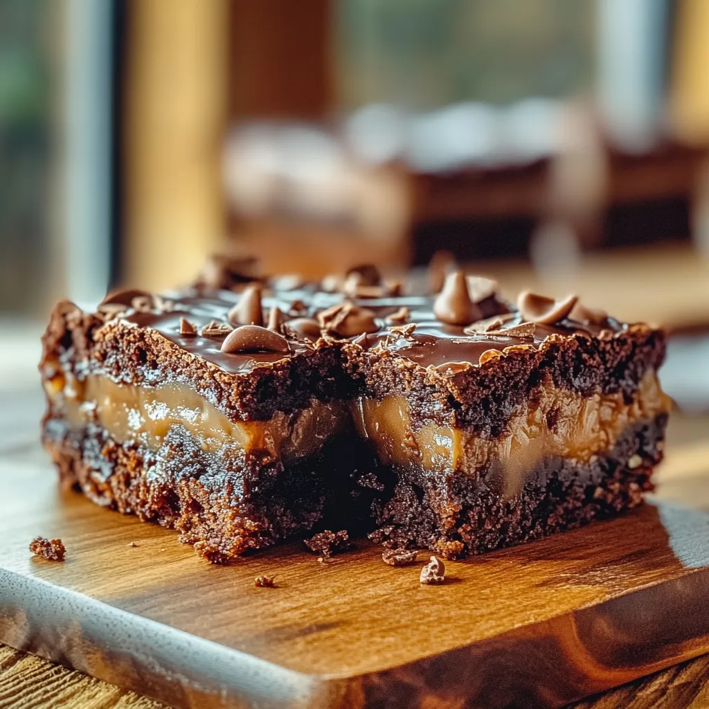 A chocolate dessert with chocolate chips and caramel drizzle.