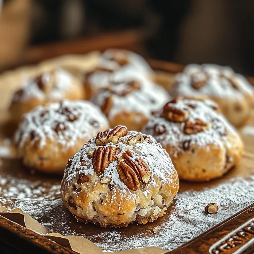 A plate of pecan pastries with powdered sugar.