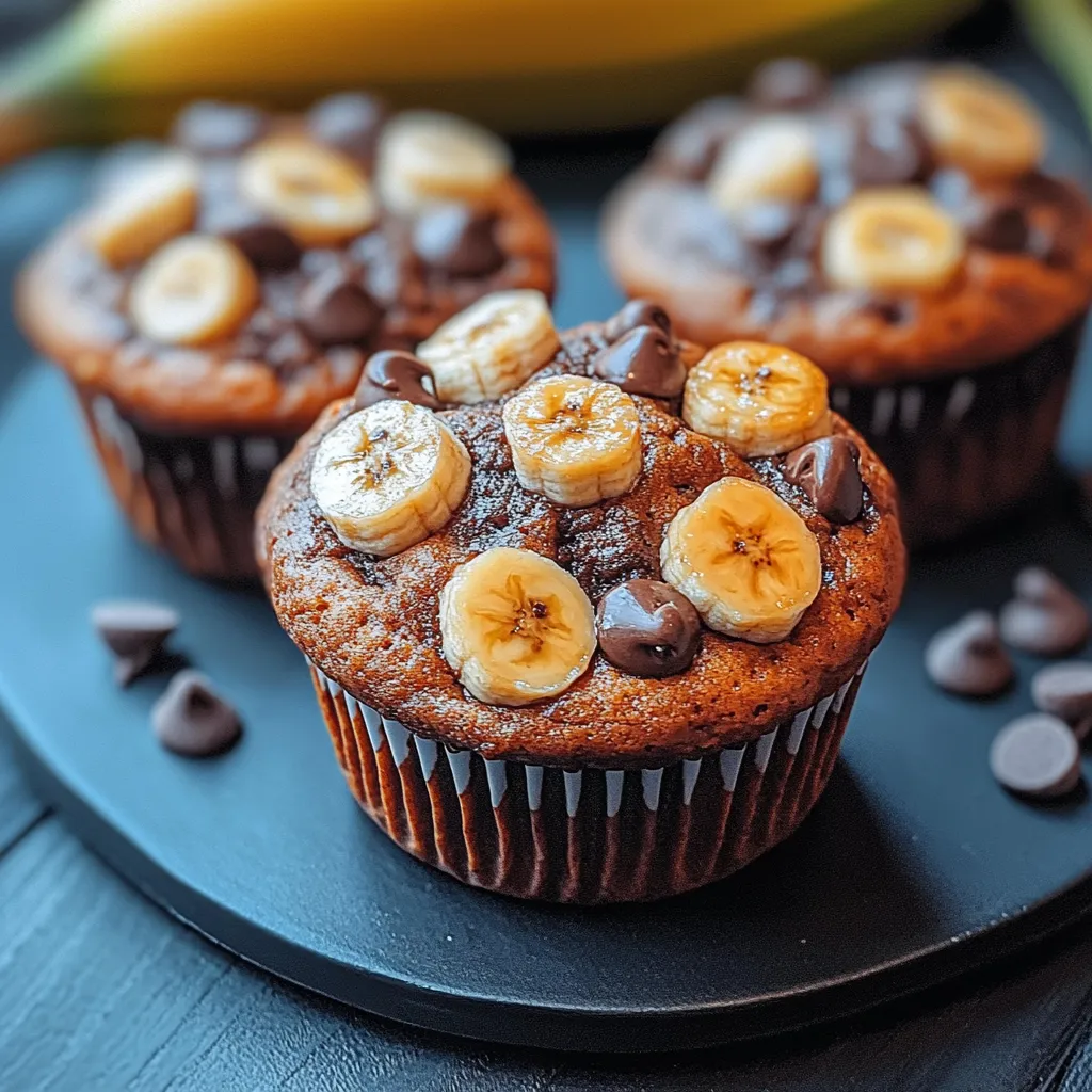 Two cupcakes with bananas and chocolate chips.