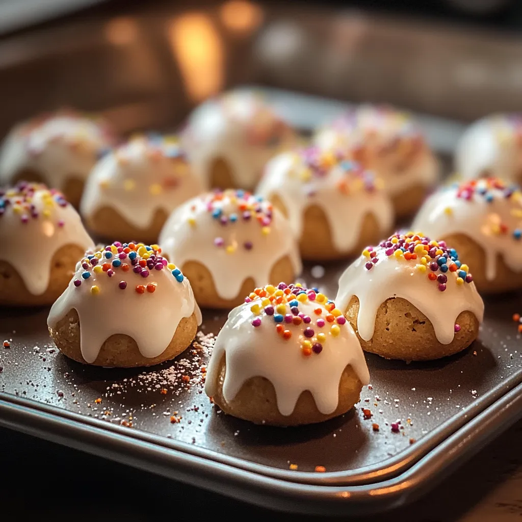 A pan of cookies with white frosting and sprinkles.