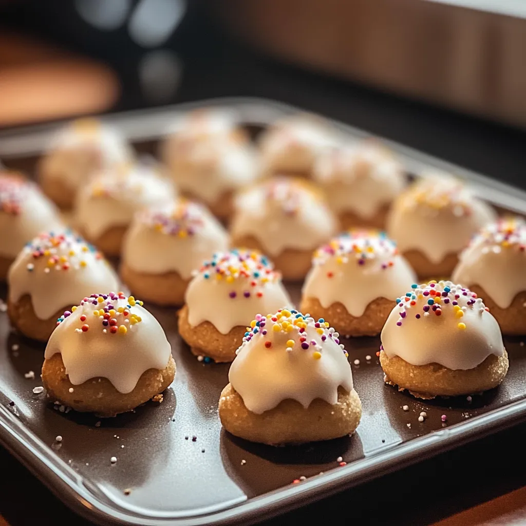 A tray of pastries with sprinkles on top.