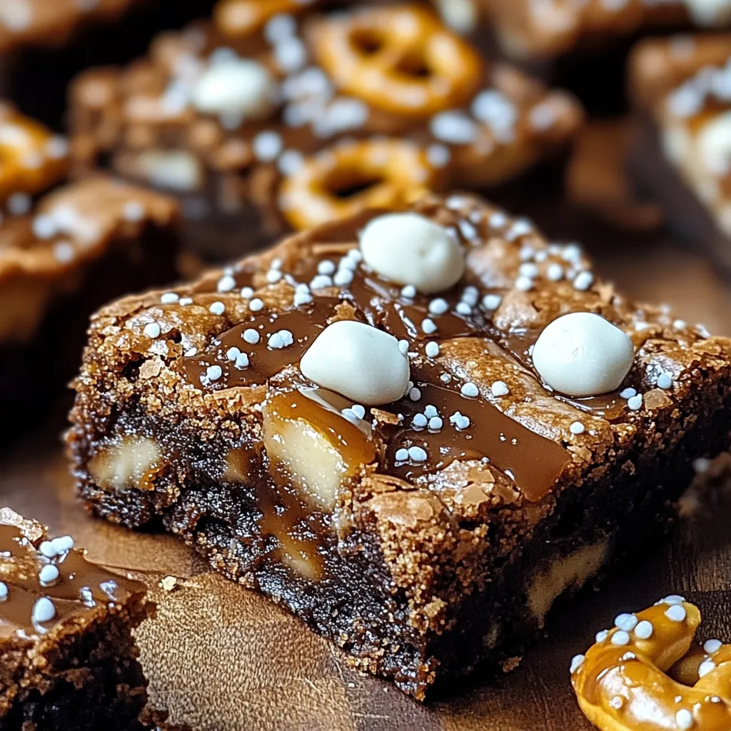 A close up of a chocolate brownie with white frosting and pretzels.