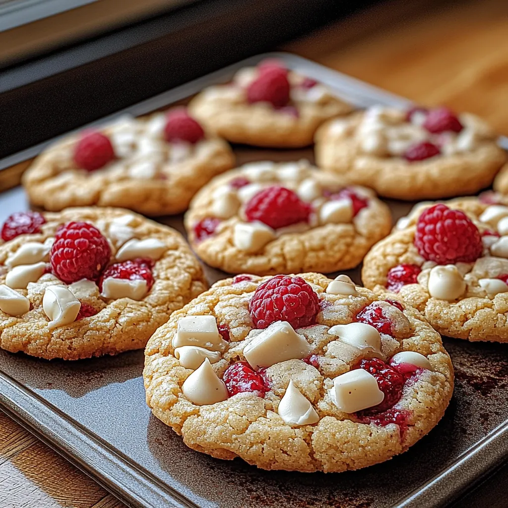A tray of cookies with raspberries on top.