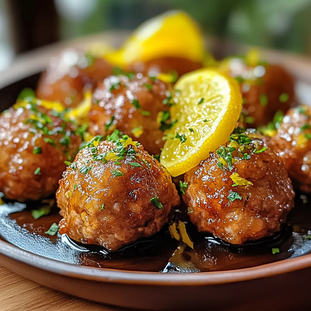 A plate of meatballs with a lemon wedge on top.