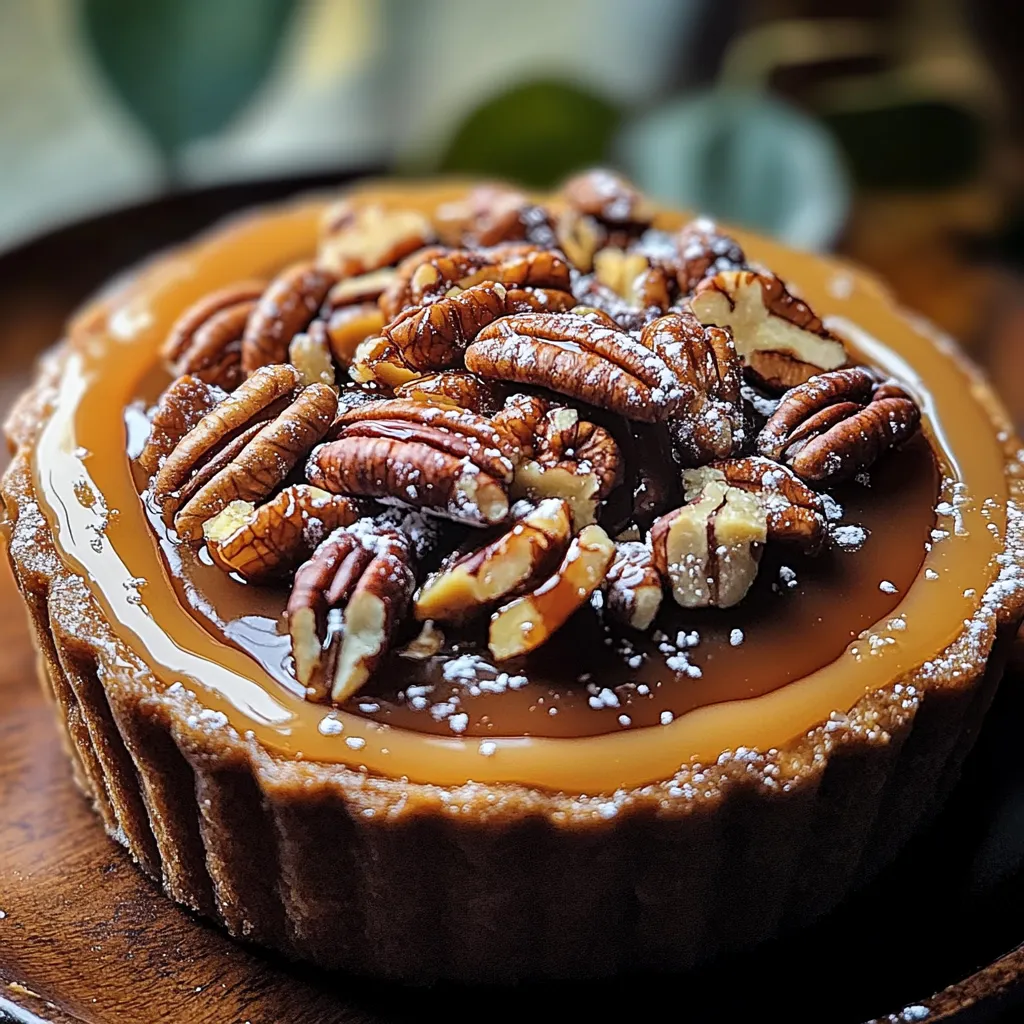 A slice of pecan pie on a wooden plate.