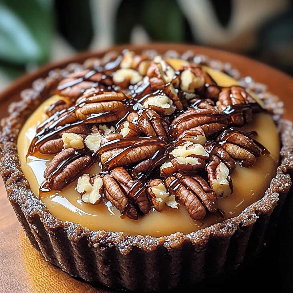 A slice of pie with pecans and caramel.